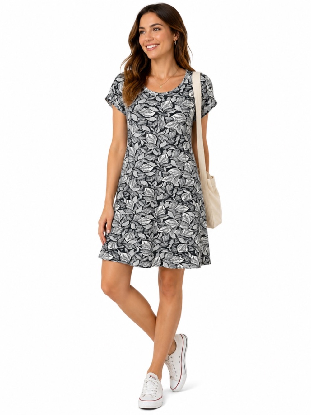 Lord & Taylor Black White Leaf Print Dress Medium Botanical Monochrome Shift
